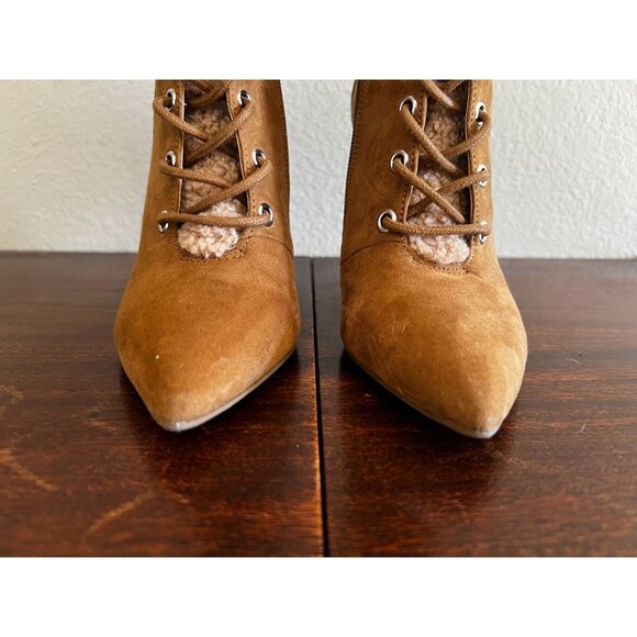 Jessica Simpson Ankle Boots Womens Sz 6.5 Tan Stiletto Heel Vegan Faux Fur Cuff - Picture 6 of 11